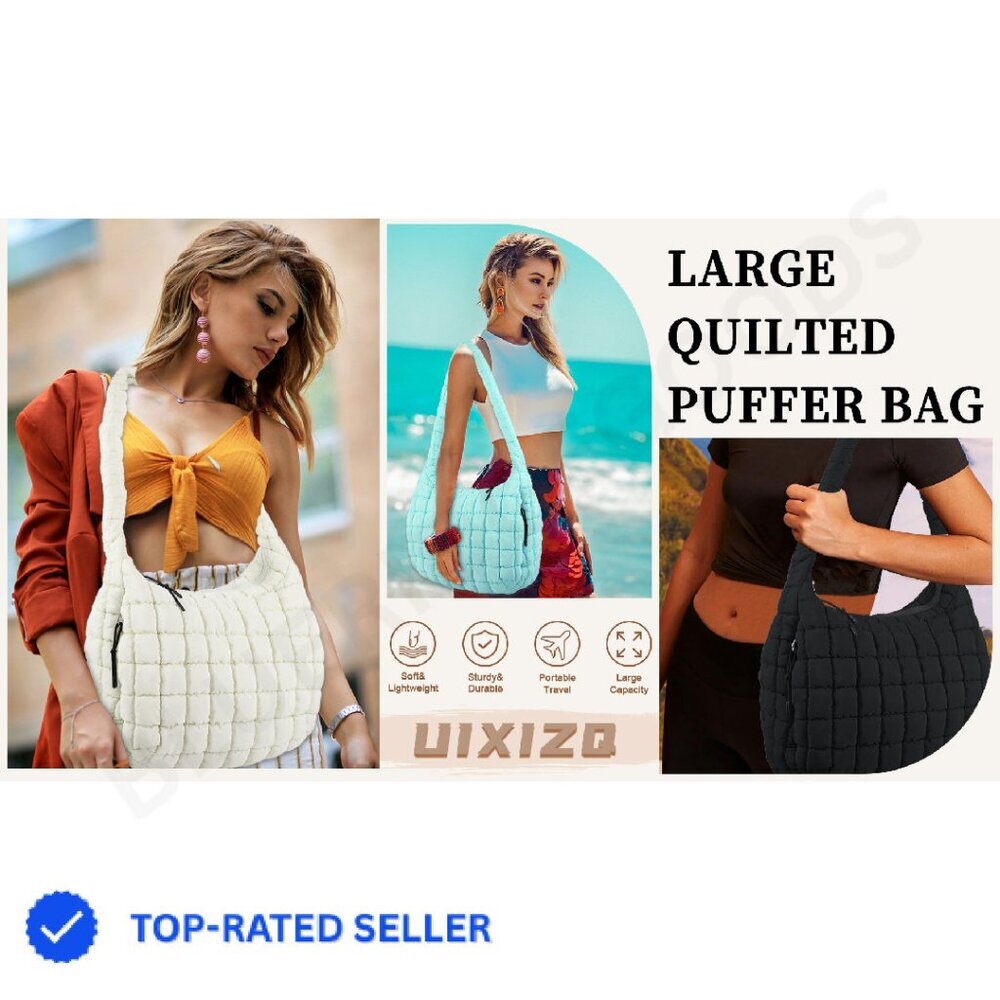 Quilted Puffer Tote Bag Lightweight Nylon Hobo Crossbody Shoulder Purse - Picture 8 of 8